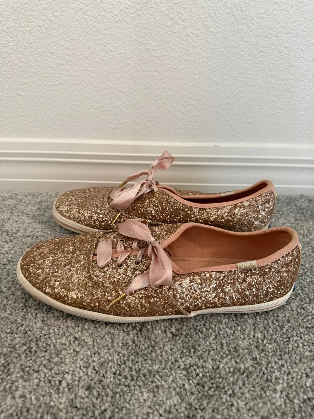 kate spade Glitter Rose Gold Sneakers with Pink Satin Laces